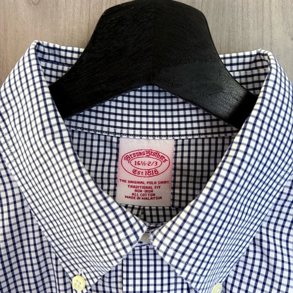 Brooks Brothers Original Polo Shirt blue white gingham checkered non-iron cotton